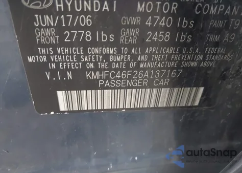 2006 Hyundai Azera Limited/Se z USA, uszkodzony, nr VIN KMHFC46F26A137167